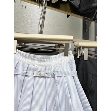 胖mm純欲蕾絲花邊條紋百褶裙女秋季新款高腰藍色短裙設計感半身裙