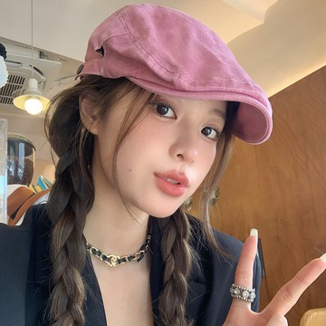 粉色復古牛仔前進帽女大頭圍春季美式休閑百搭顯臉小反戴貝雷帽