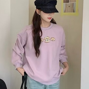 La Belleza韓版圓領可愛毛巾電繡三隻小狗重工復合雙面料寬鬆衛衣大學T