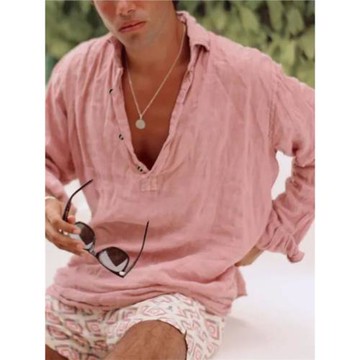 2025歐美新款男士純色翻領長袖襯衫沙灘休閑寬松襯衣Men's Shirts