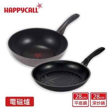 【韓國HAPPYCALL】鈦鑽石IH不沾鍋28cm平底鍋(半星款)+IH鈦感溫不沾炒鍋(28cm)