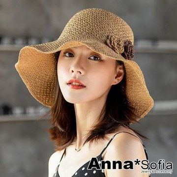 【AnnaSofia】遮陽帽防曬帽淑女帽網美渡假草帽海灘帽漁夫帽盆帽-雙色蕾花 寬簷(駝系)
