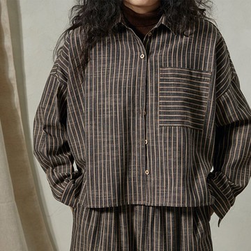 日系色織條紋翻領襯衫 寬松慵懶風復古短外套