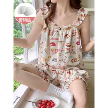 蠟筆小新睡衣女夏季吊帶胸墊梭織棉新款可愛學生春秋天家居服套裝