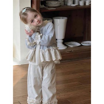 韓國童裝女童套裝2025春季新款兒童森系拼接花邊開衫闊腿褲兩件套