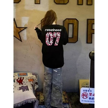 7863 位鐵粉👍國潮牌長袖T恤寬鬆秋冬印花美式復古hiphop女打底情侶裝男女上衣N361