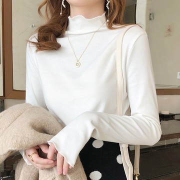 免運-2025秋冬新款打底衫女木耳邊半高領長袖純色內搭修身保暖德絨上衣