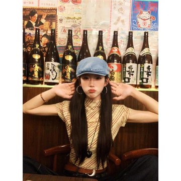 復古黃色設計感格子半高領短袖t恤女夏季辣妹修身短款露臍上衣