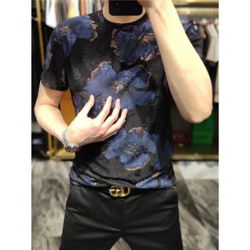 夏季男士短袖t恤清涼冰絲彈力顯瘦個性提花時尚高檔圓領新款體恤