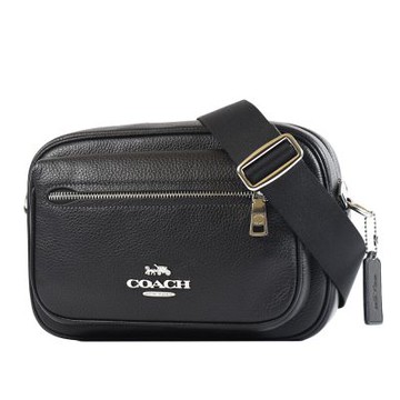 COACH 男款 Elias 鵝卵石皮革雙層置物拉鍊斜背相機包-黑色