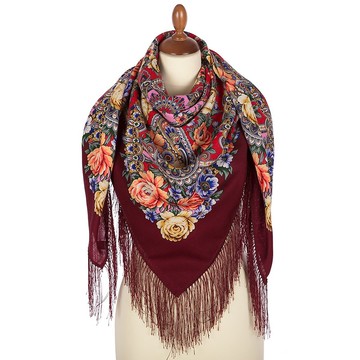 帕夫洛沃帕薩德俄羅斯披肩 100% 羊毛圍巾 125x125 公分 絲綢流蘇 款式 1869-6