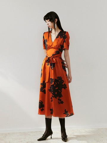 【印花】新中式復古中國風 紅色修身連衣裙