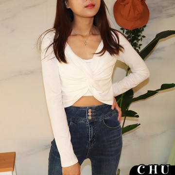 【CHU】 前扭結V領上衣 正韓 正反兩穿 2色