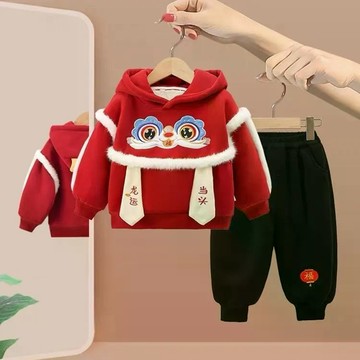 本期必入~男女童加絨拜年服套裝新款中小童兄妹裝加厚兩件套 男童套裝 兒童衛衣衛褲兩件套 秋冬套裝 中小童套裝