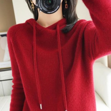 2023秋冬新款羊毛連帽針織衫女衛衣寬松帶帽打底衫加厚百搭毛衣