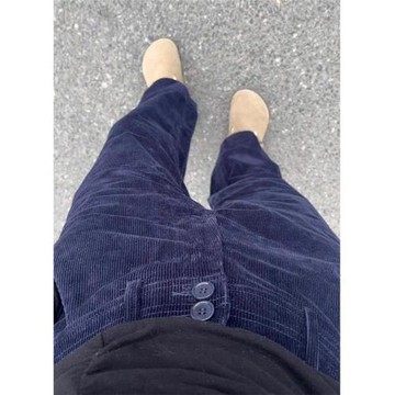 藏藍色高級感燈芯絨闊腿褲女秋冬新款時尚垂墜感高腰寬松休閑長褲