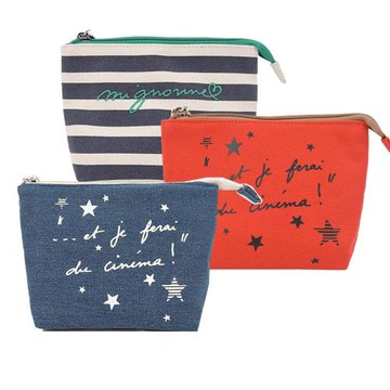 agnes b. 文字星星/條紋圖案帆布化妝包-三色選