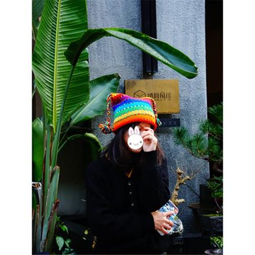 漫游手工羊毛滑雪帽女尼泊爾抓絨保暖針織帽毛線戶外彩虹加厚帽子