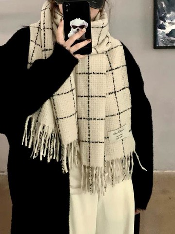 格子仿羊絨圍巾女士冬季新款高級感百搭披肩學生保暖圍脖白色 99購物節