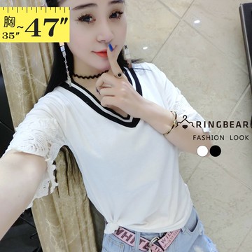 氣質優雅布蕾絲五分袖線條羅紋V領棉質上衣(白.黑L-3L) 眼圈熊 中大尺碼 T353