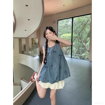 🌷臺灣出貨🌷甜美風套裝女立體蝴蝶結牛仔背心夏季花苞裙半身裙兩件套 個人套裝 韓版套装 套裝 牛仔背心裙 甜美風套裝 洋裝