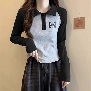 愛依依 長袖T卹 長袖上衣 T恤衫S-2XL新款美式復古插肩長袖洋氣百搭Polo領撞色短上衣-12345.