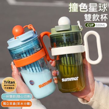Tritan撞色星球雙飲隨手杯550ml 帶把手冷水壺 直飲/吸管兩用隨身杯 分離式茶漏