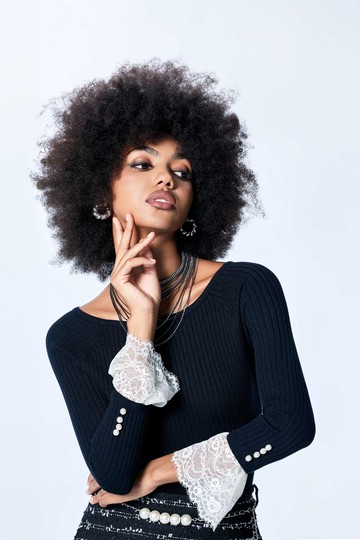 修身坑條長袖拼接蕾絲針織單品