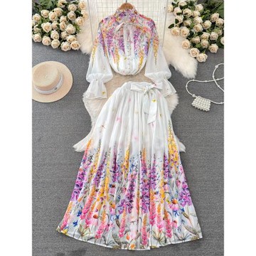 春夏女縮褶印花女衫氣質上衣花朵百褶長裙兩件套裝顯年輕時尚通勤