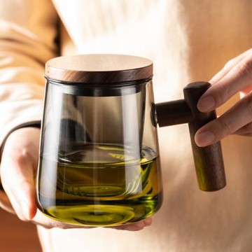 瓷牌茗日式茶水分離杯玻璃泡茶杯胡桃木把三件杯辦公室高檔喝水杯