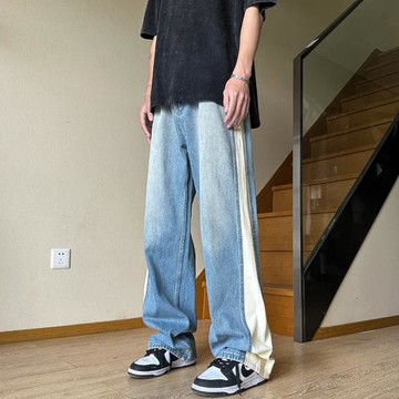 牛仔褲男春秋薄款直筒休閑褲美式拼接垂感拖地褲子男士寬松闊腿褲