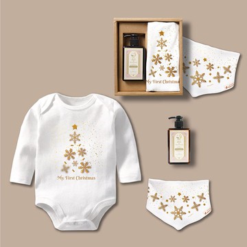 金色雪花聖誕樹 長袖包屁衣+三角巾+沐浴露禮盒3件組  寶寶 客製