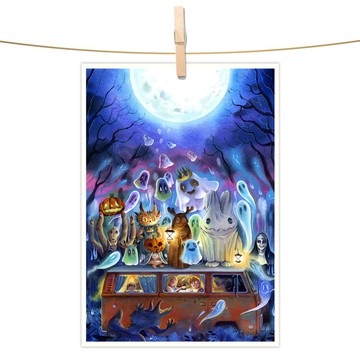 afu水彩插畫明信片 - 誤闖萬聖家族