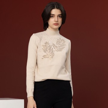 【Icare】燕麥色水鑽小立領毛衣(M-XL) | 女長袖上衣 女毛衣