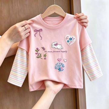 兒童長袖上衣 女童上衣 男童上衣 保暖上衣春秋季假兩件女童上衣T恤2026兒童秋季上衣t可愛印花假兩件長袖T童裝