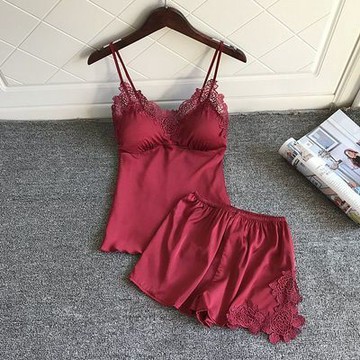 G.Store 冰絲性感吊帶睡裙 帶胸墊吊帶套裝 吊帶上衣短褲兩件套 絲綢蕾絲花邊吊帶裙 仿真絲家居服套裝 睡衣套裝睡裙