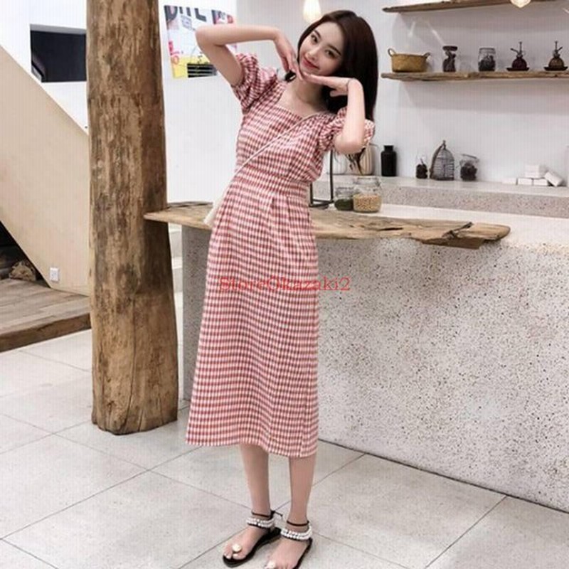ワンピース レディース ワンピース ギンガムチェック スクエアネック ガーリー 半袖 ひざ丈 デート 夏 レトロ レッド 赤 パフスリーブ ハイウエスト 通販 Lineポイント最大0 5 Get Lineショッピング
