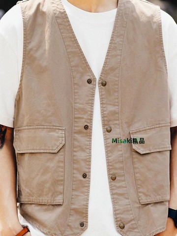 2025春夏新款日系復古工裝休閑馬甲男士潮流寬松背心無袖襯衫外套-Misaki精品
