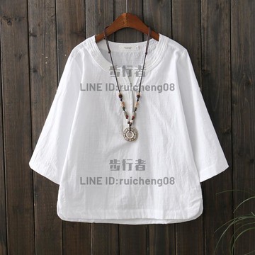 棉麻t恤女七分袖復古盤扣上衣唐裝漢服文藝小清新中袖襯衣寬松潮【步行者戶外生活館】