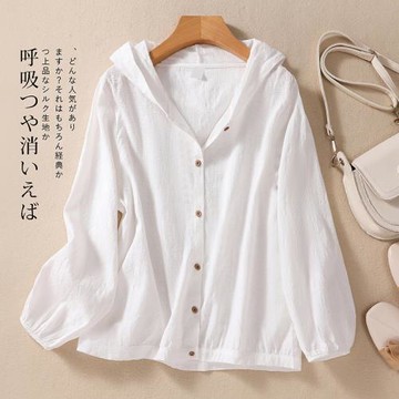 文藝純色棉麻襯衫女春秋季大碼寬松百搭襯衣胖MM連帽開衫長袖上衣