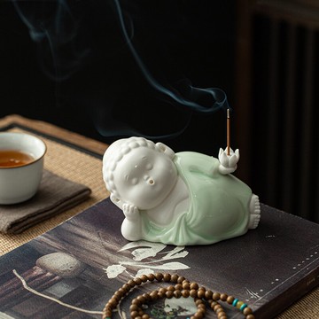 白瓷睡羅漢人物擺件創意個性精品茶寵線香插香托茶桌茶臺裝飾禮品