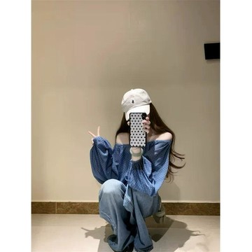 【法式顯瘦】女裝 藍色波點 一字肩 長袖襯衫 早秋 薄款 寬鬆 顯瘦 襯衣 氣質 短款 上衣 shirt