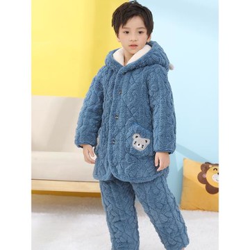 兒童睡衣冬季加厚長款法蘭絨夾棉卡通連帽套裝男孩女中大童家居服