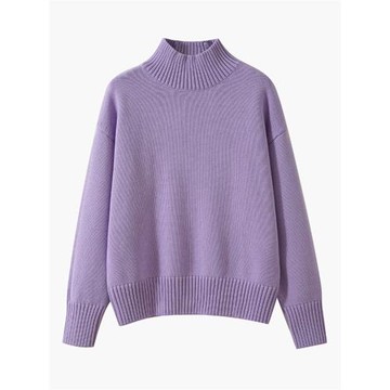 100%純棉紫色毛衣女半高領加厚寬松秋冬新款外穿全棉打底衫針織衫