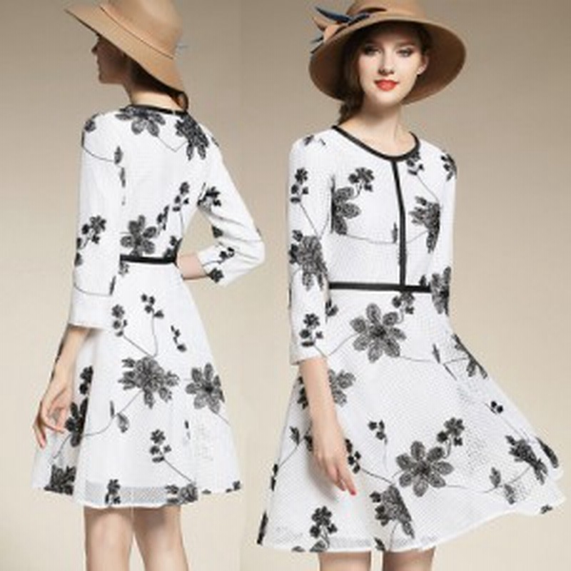 ワンピース レディース 花柄ワンピース Aラインワンピース ショート 刺繍 透かしレース メッシュ 七分袖 モノクロ 白ホワイト 通販 Lineポイント最大1 0 Get Lineショッピング