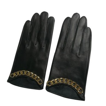 女士真皮手套 短款鏈條山羊皮手套秋冬薄款騎車加絨保暖分指 觸屏