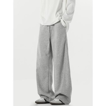 悟空有貨街頭復古純色垂感彎刀運動褲男潮牌寬松灰色百搭休閑衛褲