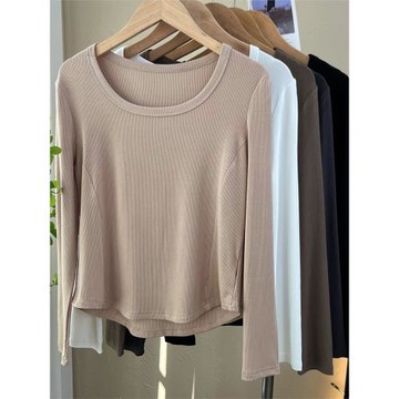 秋季方領打底衫女長袖螺紋坑條百搭修身顯瘦短款弧形下擺T恤