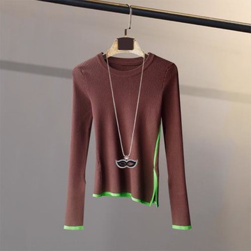 復古螺紋修身打底衫女秋拼色不規則開叉袖緊身顯瘦內搭長袖上衣潮