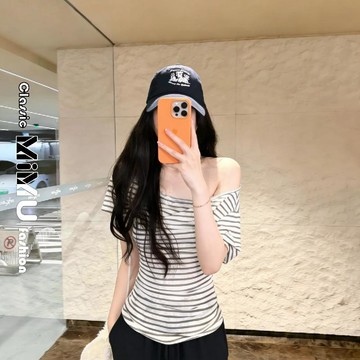 【MIMU】網紅同款上衣 休閒上衣女 短袖 【原版雪花棉色織條】撞色條紋斜肩短袖T恤女 夏季設計感上衣